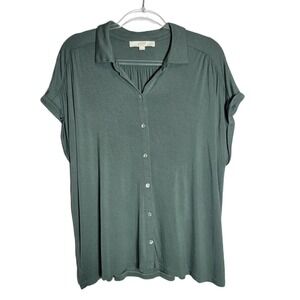 LOFT Women's Soft Top XXL Petite Green Collared Short Sleeve Button Up Shirt